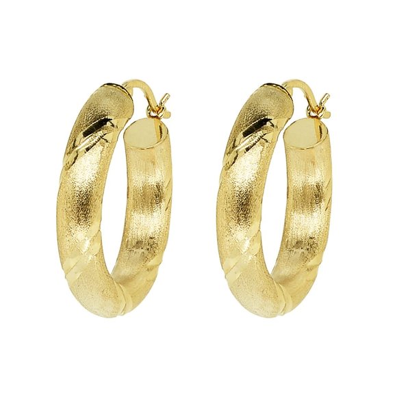 Satin Finish Diamond Cut Hoop Earrings 14K Yellow Gold - Picture 3 of 4